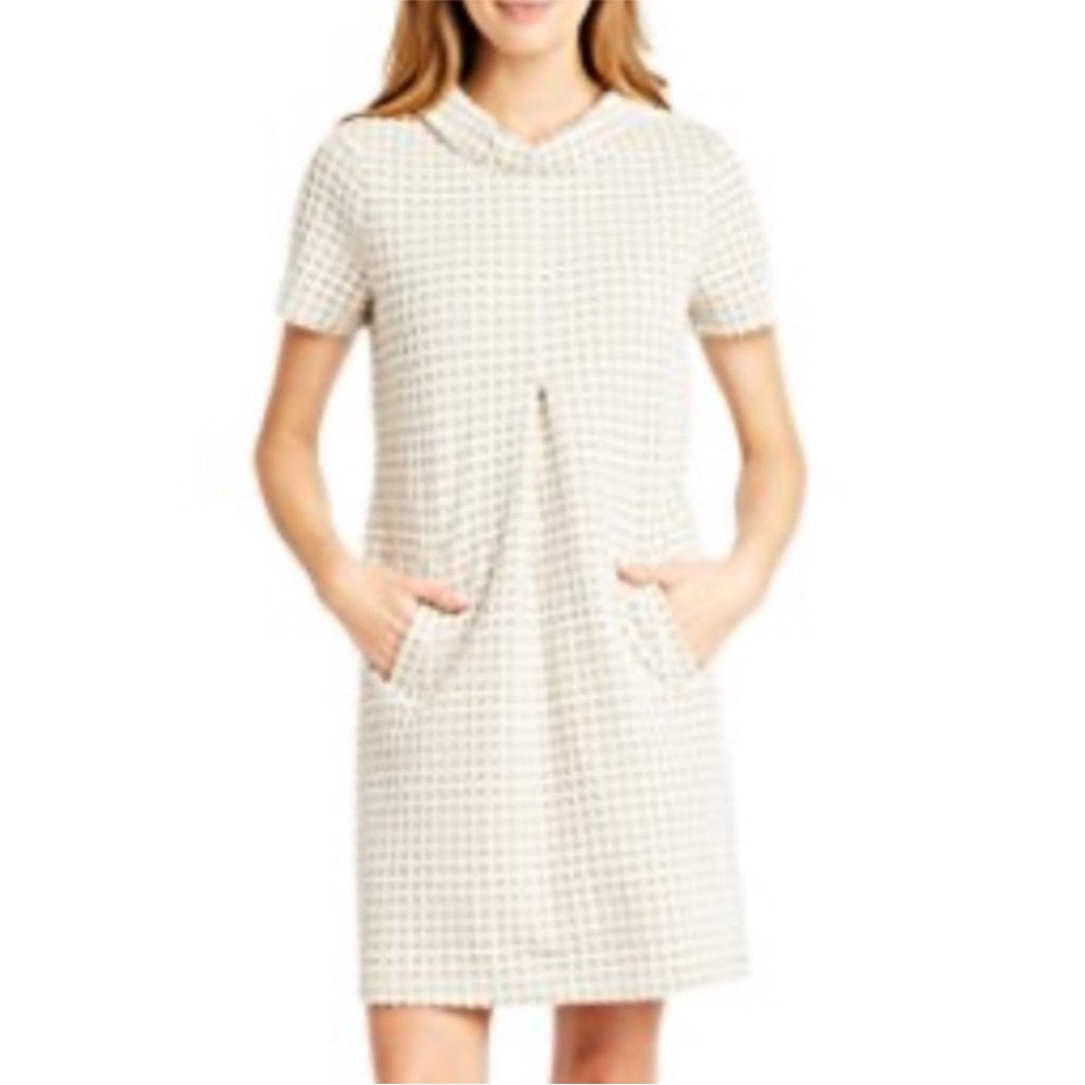 Tyler Boe Women’s Shift Dress Tan White Textured Squares Pockets‎ Size XL